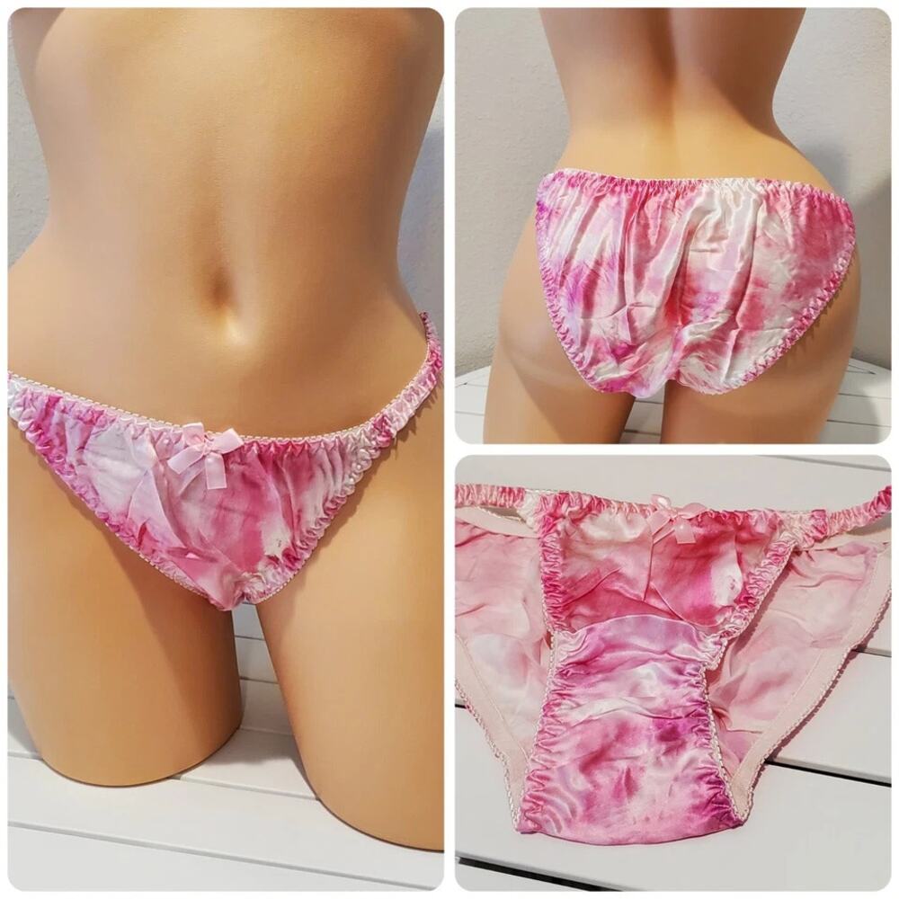 Liquid Satin String Bikini Panty Shiny Double Silk Gusset Print Pink Cloud